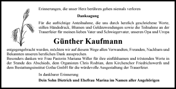 Traueranzeige von Günther Kaufmann von Ostthüringer Zeitung, Thüringische Landeszeitung