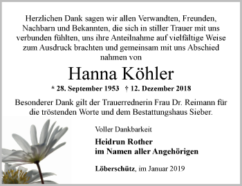 Traueranzeige von Hanna Köhler von Ostthüringer Zeitung, Thüringische Landeszeitung