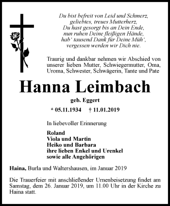 Traueranzeige von Hanna Leimbach von Ostthüringer Zeitung, Thüringische Landeszeitung