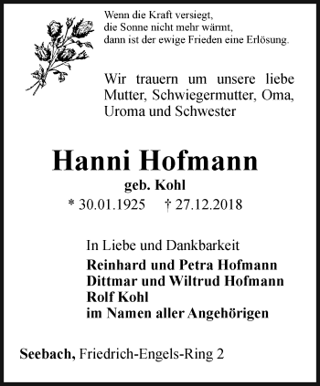 Traueranzeige von Hanni Hofmann von Thüringer Allgemeine, Thüringische Landeszeitung