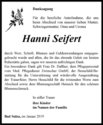 Traueranzeige von Hanni Seifert von Thüringer Allgemeine, Thüringische Landeszeitung