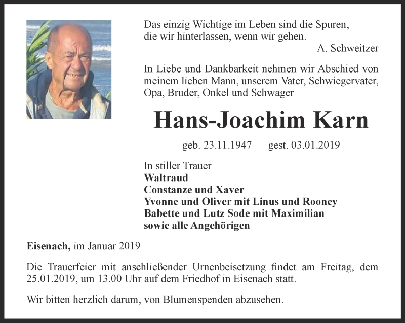  Traueranzeige für Hans-Joachim Karn vom 12.01.2019 aus Thüringer Allgemeine, Thüringische Landeszeitung