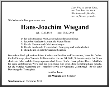 Traueranzeige von Hans-Joachim Wiegand von Thüringer Allgemeine