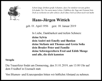 Traueranzeige von Hans-Jürgen Wittich von Thüringer Allgemeine, Thüringische Landeszeitung