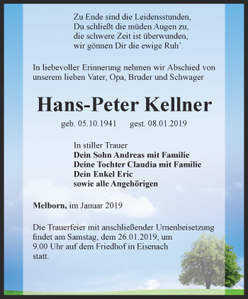 Traueranzeige von Hans-Peter Kellner von Thüringer Allgemeine, Thüringische Landeszeitung