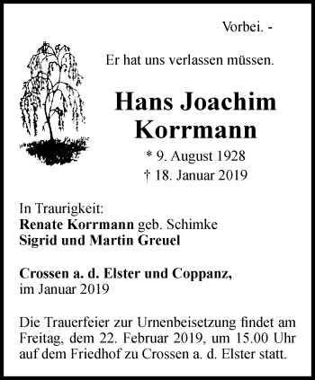 Traueranzeige von Hans Joachim Korrmann von Ostthüringer Zeitung