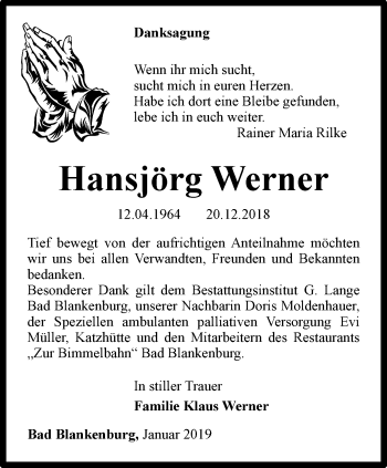 Traueranzeige von Hansjörg Werner von Ostthüringer Zeitung