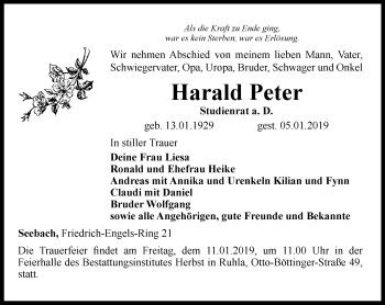 Traueranzeige von Harald Peter von Thüringer Allgemeine, Thüringische Landeszeitung