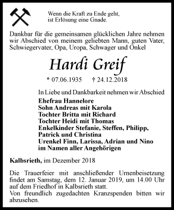 Traueranzeige von Hardi Greif von Thüringer Allgemeine