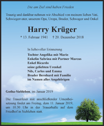 Traueranzeige von Harry Krüger von Ostthüringer Zeitung, Thüringische Landeszeitung