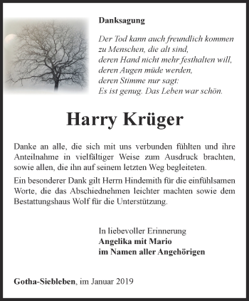 Traueranzeige von Harry Krüger von Ostthüringer Zeitung, Thüringische Landeszeitung