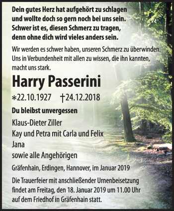 Traueranzeige von Harry Passerini von Ostthüringer Zeitung, Thüringische Landeszeitung