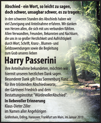 Traueranzeige von Harry Passerini von Ostthüringer Zeitung, Thüringische Landeszeitung