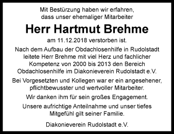 Traueranzeige von Hartmut Brehme von Ostthüringer Zeitung