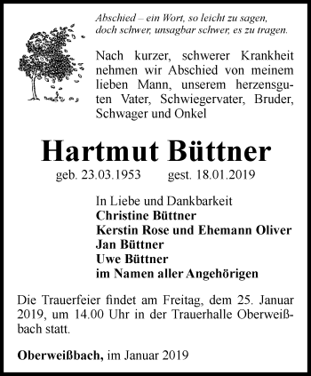 Traueranzeige von Hartmut Büttner von Ostthüringer Zeitung