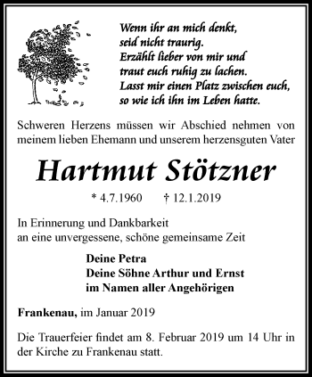 Traueranzeige von Hartmut Stötzner von Ostthüringer Zeitung