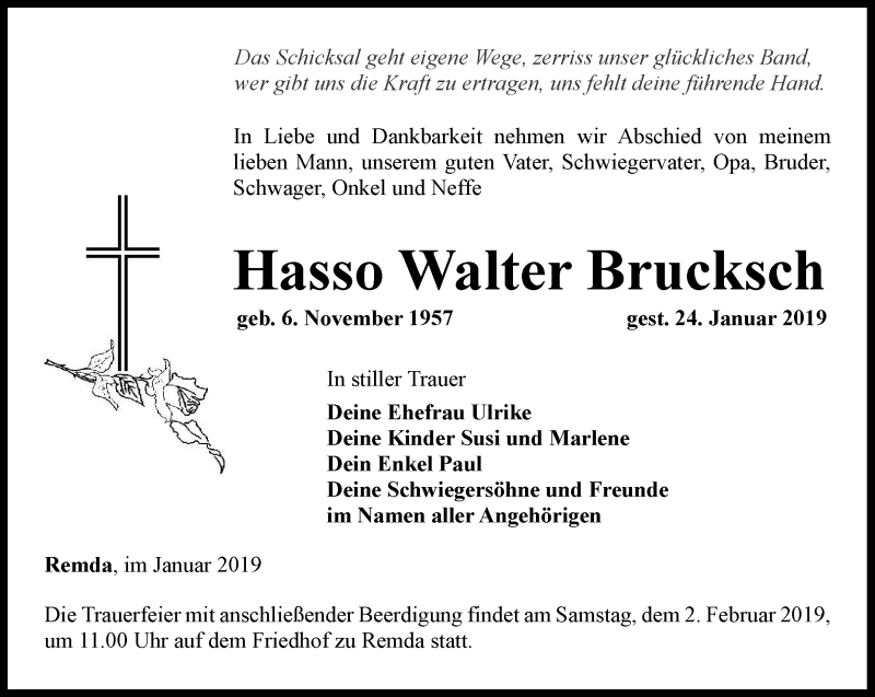  Traueranzeige für Hasso Walter Brucksch vom 26.01.2019 aus Ostthüringer Zeitung