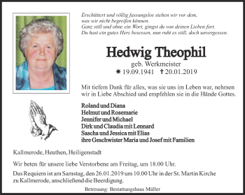 Traueranzeige von Hedwig Theophil von Thüringer Allgemeine