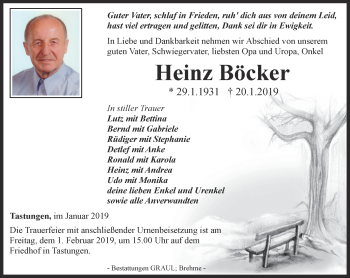 Traueranzeige von Heinz Böcker von Thüringer Allgemeine