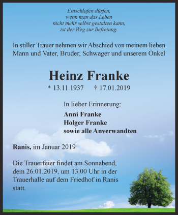 Traueranzeige von Heinz Franke von Ostthüringer Zeitung