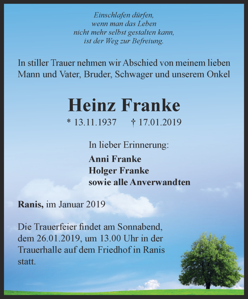  Traueranzeige für Heinz Franke vom 19.01.2019 aus Ostthüringer Zeitung