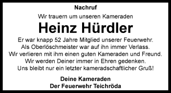 Traueranzeige von Heinz Hürdler von Ostthüringer Zeitung