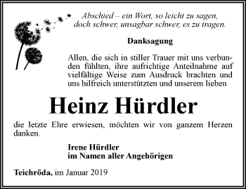 Traueranzeige von Heinz Hürdler von Ostthüringer Zeitung
