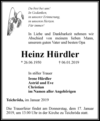 Traueranzeige von Heinz Hürdler von Ostthüringer Zeitung
