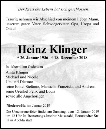 Traueranzeige von Heinz Klinger von Thüringer Allgemeine, Thüringische Landeszeitung