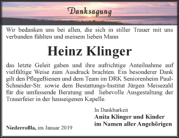 Traueranzeige von Heinz Klinger von Thüringer Allgemeine, Thüringische Landeszeitung