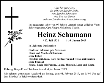 Traueranzeige von Heinz Schumann von Ostthüringer Zeitung