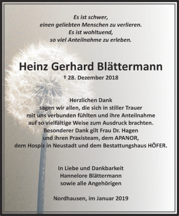 Traueranzeige von Heinz Gerhard Blättermann von Thüringer Allgemeine