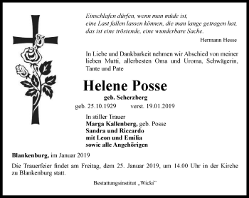 Traueranzeige von Helene Posse von Thüringer Allgemeine, Thüringische Landeszeitung