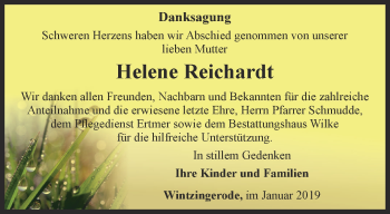 Traueranzeige von Helene Reichardt von Thüringer Allgemeine