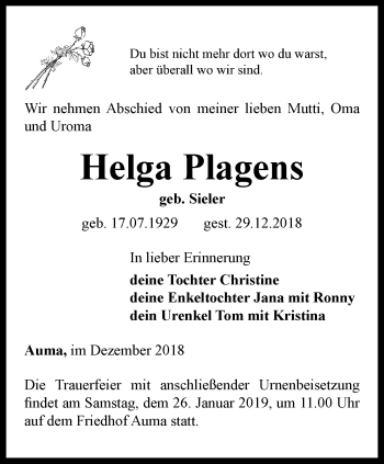 Traueranzeige von Helga Plagens von Ostthüringer Zeitung