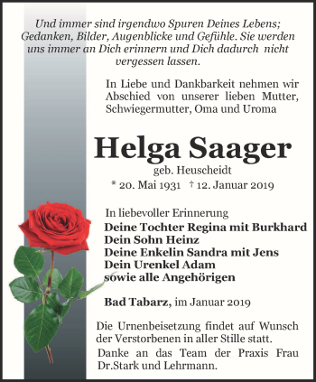 Traueranzeige von Helga Saager von Ostthüringer Zeitung, Thüringische Landeszeitung