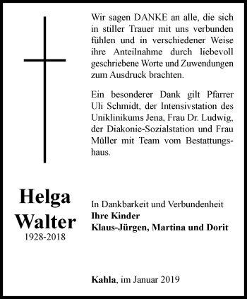 Traueranzeige von Helga Walter von Ostthüringer Zeitung, Thüringische Landeszeitung