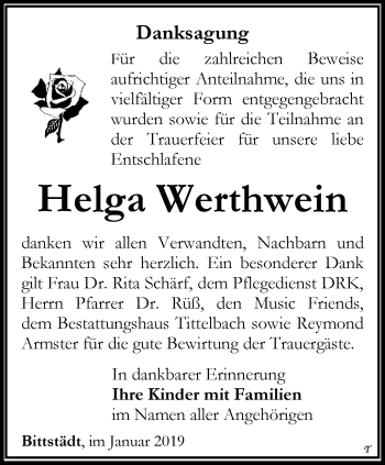 Traueranzeige von Helga Werthwein von Thüringer Allgemeine