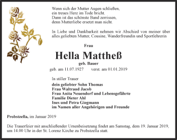 Traueranzeige von Hella Mattheß von Ostthüringer Zeitung