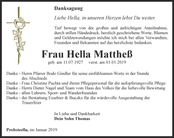 Traueranzeige von Hella Mattheß von Ostthüringer Zeitung