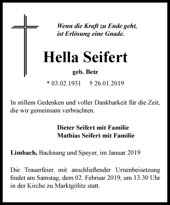 Traueranzeige von Hella Seifert von Ostthüringer Zeitung