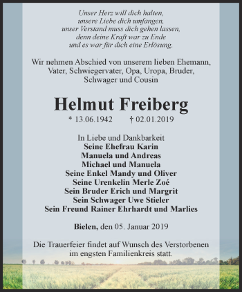 Traueranzeige von Helmut Freiberg von Thüringer Allgemeine