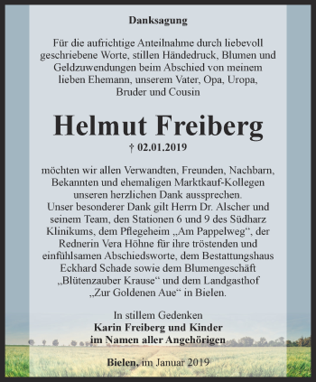 Traueranzeige von Helmut Freiberg von Thüringer Allgemeine