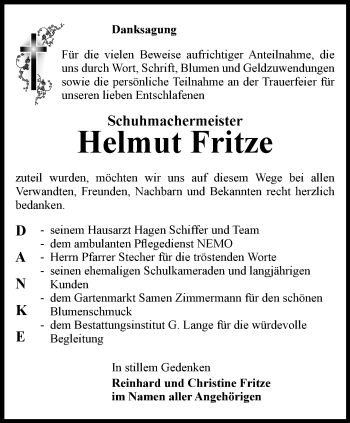 Traueranzeige von Helmut Fritze von Ostthüringer Zeitung