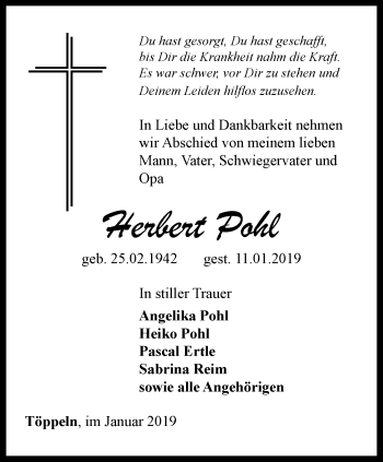 Traueranzeige von Herbert Pohl von Ostthüringer Zeitung