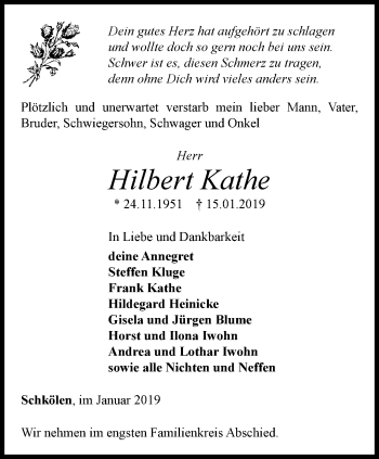 Traueranzeige von Hilbert Kathe von Ostthüringer Zeitung