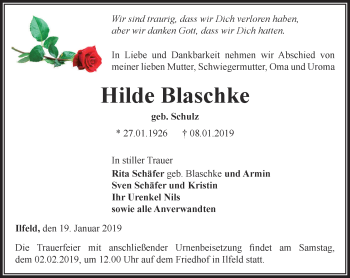 Traueranzeige von Hilde Blaschke von Thüringer Allgemeine