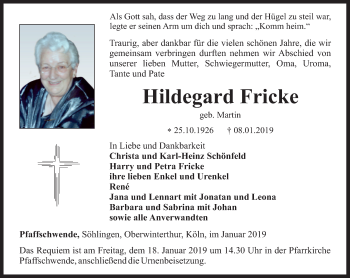 Traueranzeige von Hildegard Fricke von Thüringer Allgemeine
