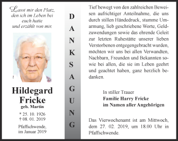 Traueranzeige von Hildegard Fricke von Thüringer Allgemeine