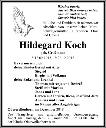 Traueranzeige von Hildegard Koch von Ostthüringer Zeitung